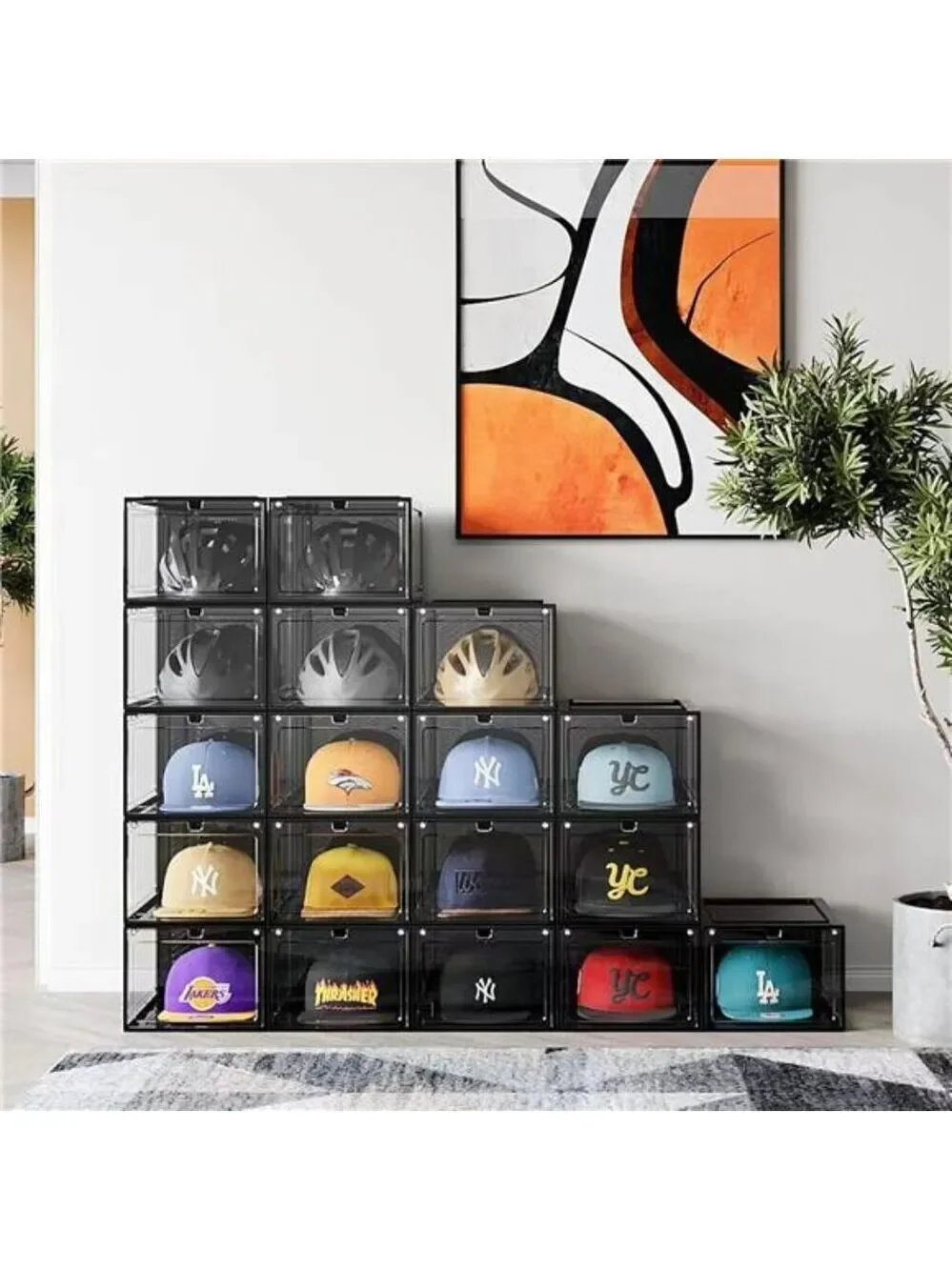 Baseball Cap Organizer Clear Hat Storage Box Magnetic Door Stackable Holder